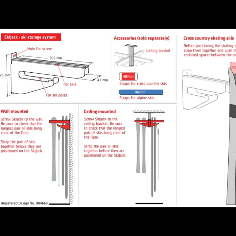 Skijack Skihanger Wall Red 300mm 24/25, skidupphängningskrokar - Längdåkningstillbehör - Skijack Skihanger Wall Red 300mm 24/25, skidupphängningskrokar